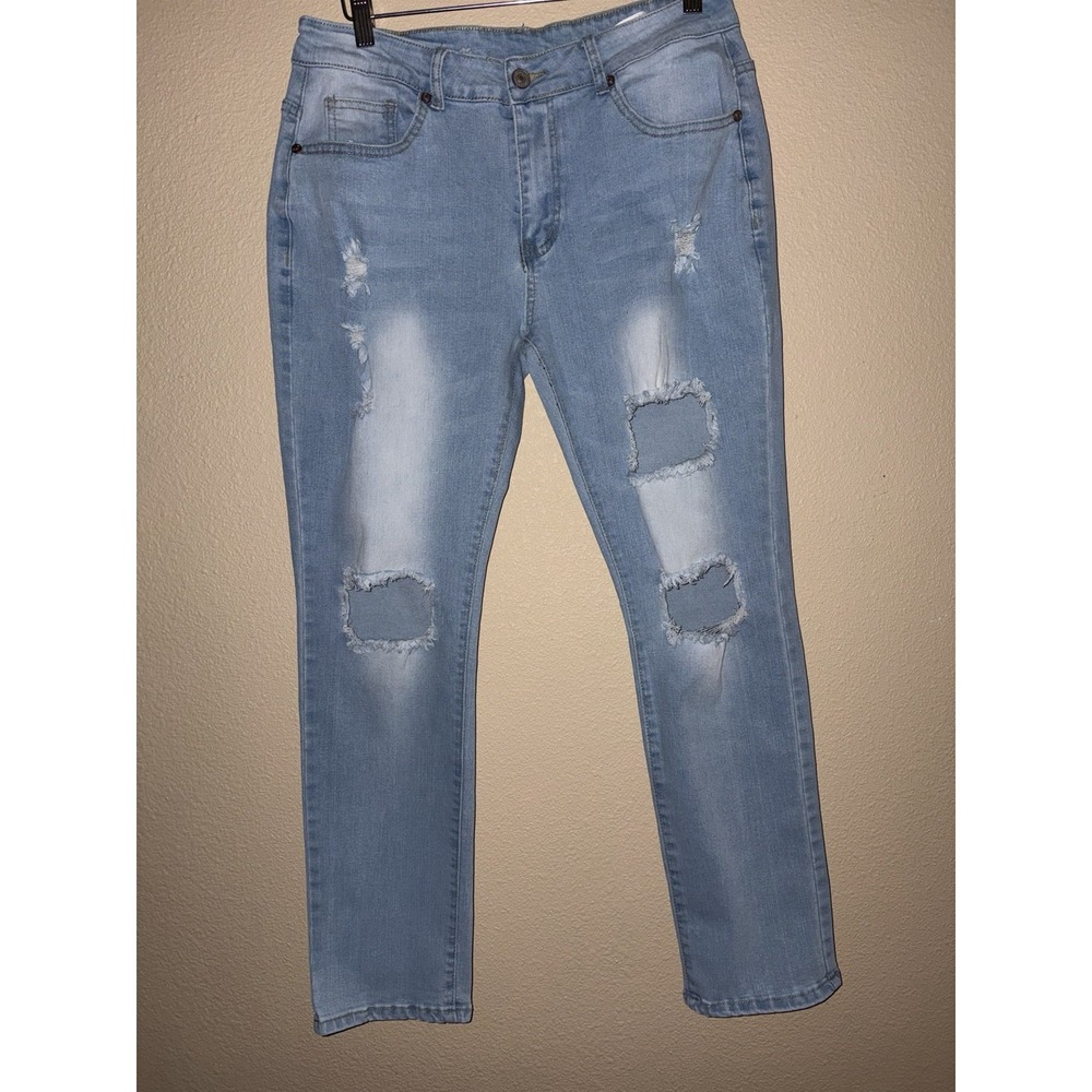 KUNMI Women's Jeans Light Wash Size L Distressed Straight Leg - Picture 2 of 7